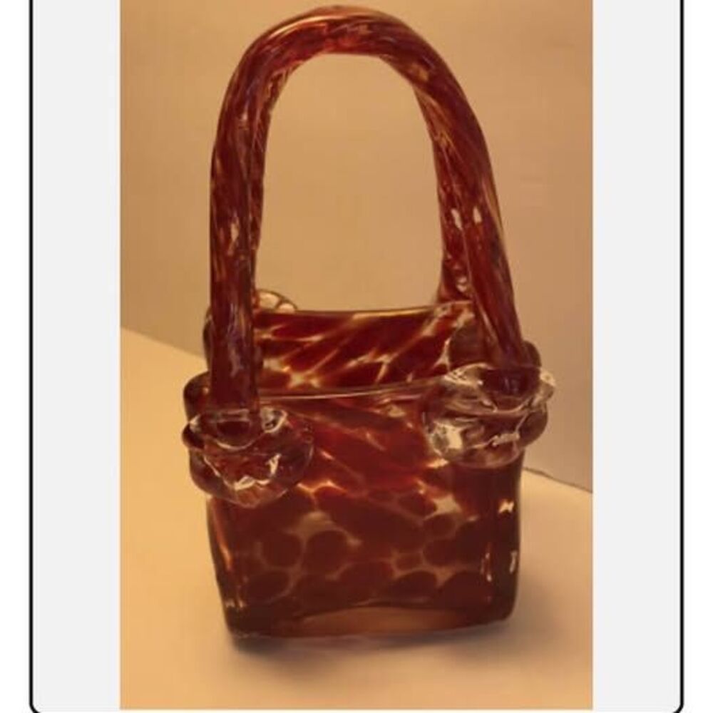 Hand Crafted Murano Style Blown Glass Art Red Swirl Purse Vase Handles 6.5” Tall